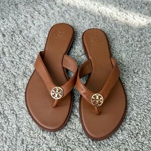 Tory Burch Brown Sandals with Gold Emblem